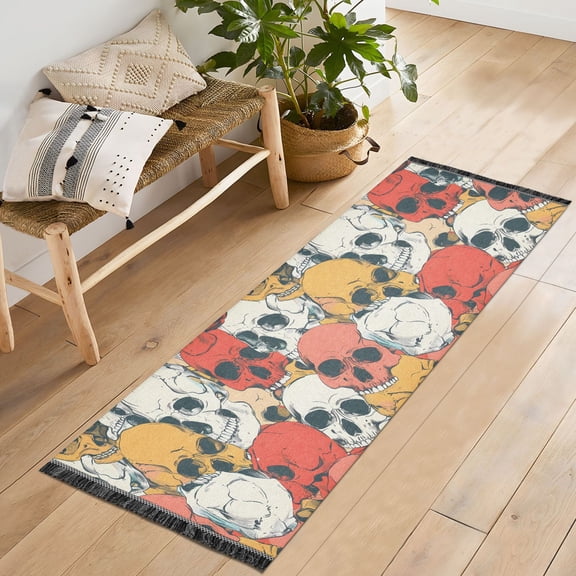 Ryvnso Skull Head Hand Drawn Bedroom Runner Rug 2'x6' Hallway Area Carpet Non Slip Entryway Mat with Tassels