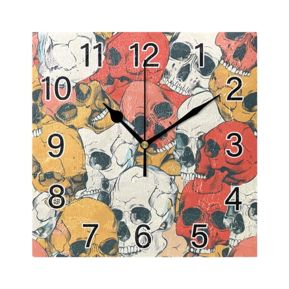 Ryvnso Skull Head Hand Drawn Wall Clock Square Silent Non-Ticking Battery Operated 7.78"