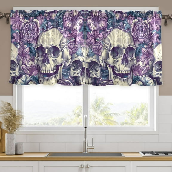 Ryvnso Skull Purple Flowers Curtains Sets Short Curtain Rod Pocket Half Window Cafe Farmhouse Tier 2 Panels 57"W x 24"L