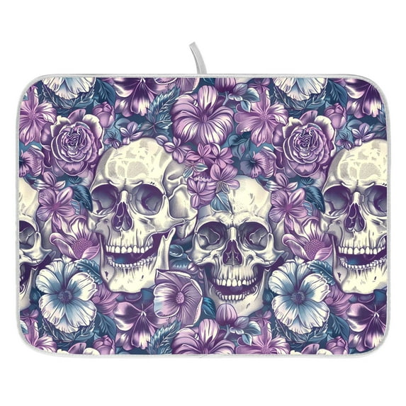 Ryvnso Skull Purple Flowers Dish Drying Mat for Kitchen Countertop 18x24 Large Dish Pad Drainer Rack Dish Sink Mats