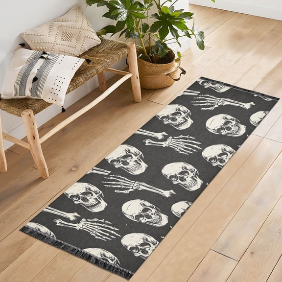Ryvnso Skull Skeleton Hands Bedroom Runner Rug 2'x6' Hallway Area Carpet Non Slip Entryway Mat with Tassels