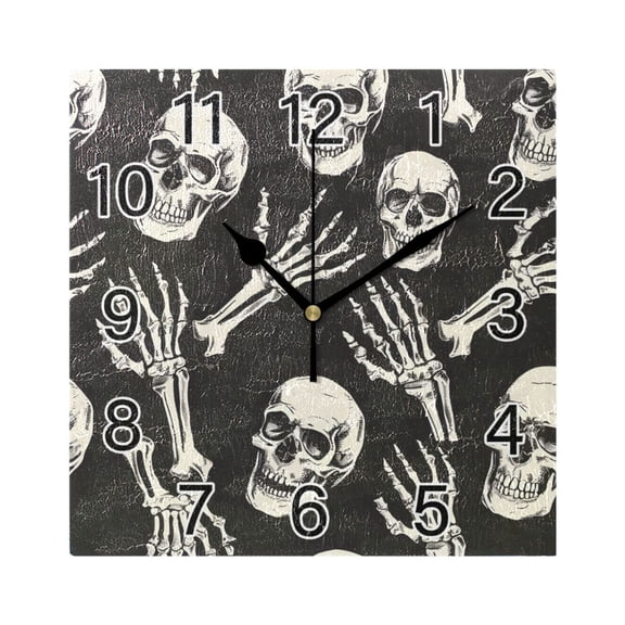 Ryvnso Skull Skeleton Hands Wall Clock Square Silent Non-Ticking Battery Operated 7.78"