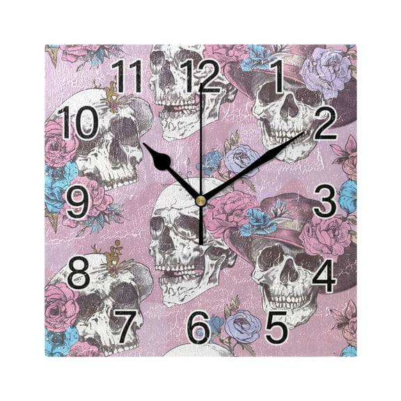 Ryvnso Skull with Floral Wall Clock Square Silent Non-Ticking Battery Operated 7.78"