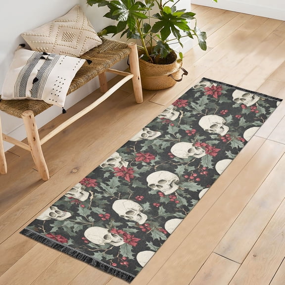 Ryvnso Skulls Cherry Bedroom Runner Rug 2'x6' Hallway Area Carpet Non Slip Entryway Mat with Tassels