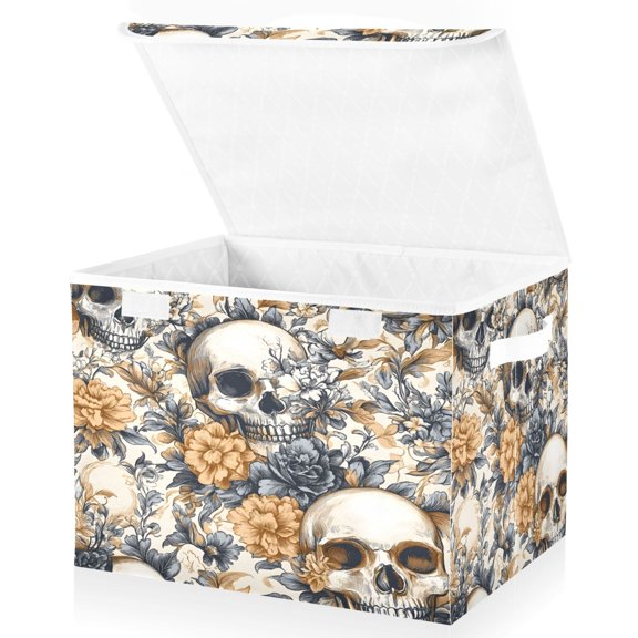 Ryvnso Skulls Tropical Flower Large Lidded Foldable Storage Baskets Cubes Boxes Lids Bin for Home