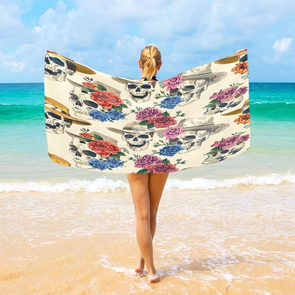 Ryvnso Skulls with Floral Oversized Beach Towel Microfiber Bath Blankets Swimming Fitness 37" x 74"