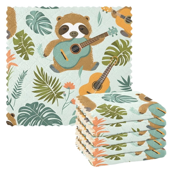 Ryvnso Sloth Playing Guitar and Leaves Kitchen Towels Dish Clothes for Drying Dishes Cleaning Absorbent Set of 6