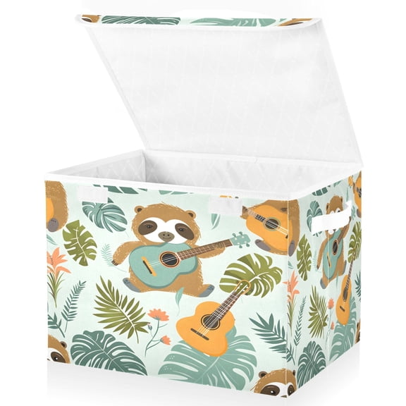 Ryvnso Sloth Playing Guitar and Leaves Large Lidded Foldable Storage Baskets Cubes Boxes Lids Bin for Home