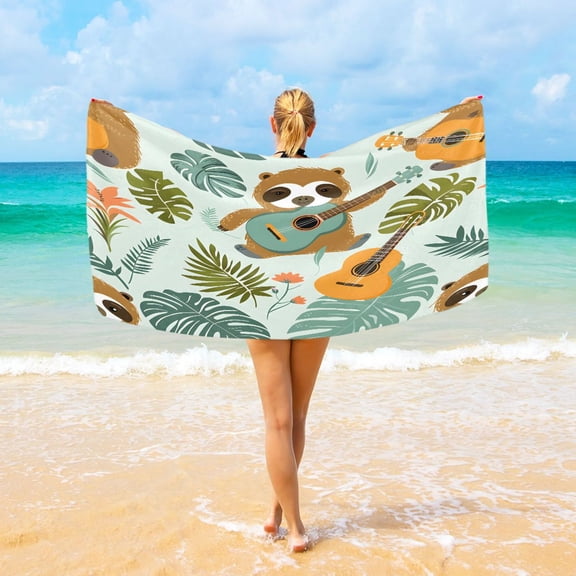 Ryvnso Sloth Playing Guitar and Leaves Oversized Beach Towel Microfiber Bath Blankets Swimming Fitness 37" x 74"
