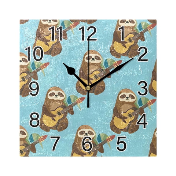 Ryvnso Sloth and Guitar Wall Clock Square Silent Non-Ticking Battery Operated 7.78"