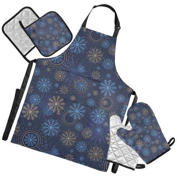 Ryvnso Snowflake Mandala Style Kitchen Apron Oven Mitts Set Pot Holders