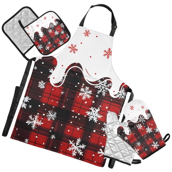 Ryvnso Snowflake with Checkered Kitchen Apron Oven Mitts Set Pot Holders