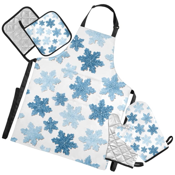 Ryvnso Snowflakes Blue Kitchen Apron Oven Mitts Set Pot Holders