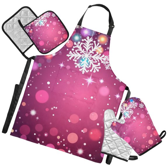 Ryvnso Snowflakes Glitter Kitchen Apron Oven Mitts Set Pot Holders