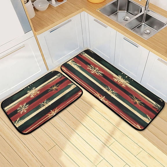 Ryvnso Snowflakes on Watercolor Stripe Kitchen Rugs Set Non Slip Runner Mats for Dining Room