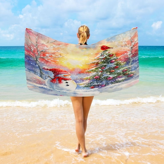 Ryvnso Snowman Tree Sunset Oversized Beach Towel Microfiber Bath Blankets Swimming Fitness 37" x 74"