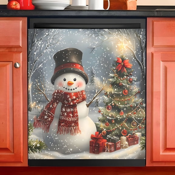 Ryvnso Snowman with Black Hat Christmas Tree Dishwasher Magnetic Refrigerator Magnet Cover Kitchen Home Decorative 23"x26"