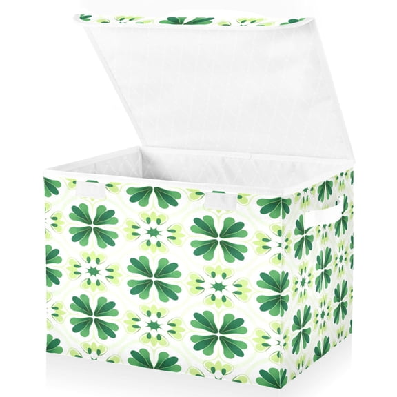 Ryvnso St Patrick Clover Pattern Large Lidded Foldable Storage Baskets Cubes Boxes Lids Bin for Home