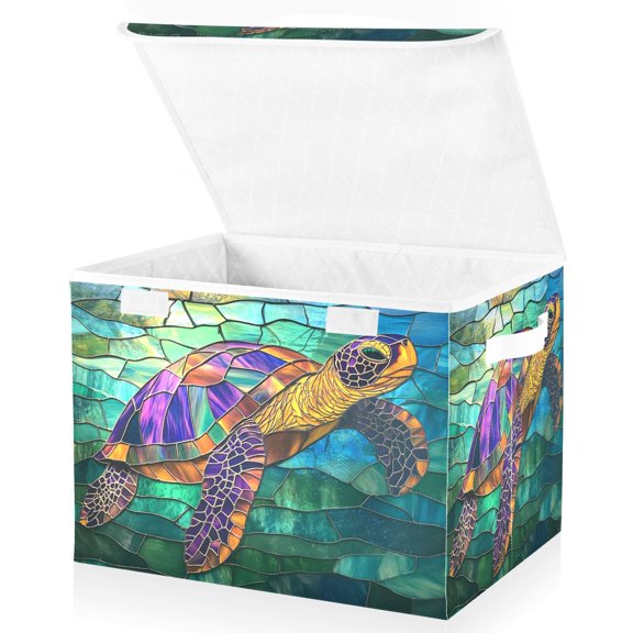Ryvnso Stained Glass Sea Turtle Storage Bins Lidded Foldable Organizer Containers Baskets Cube