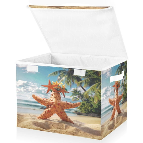 Ryvnso Star Fish Tropical Palm Large Lidded Foldable Storage Baskets Cubes Boxes Lids Bin for Home