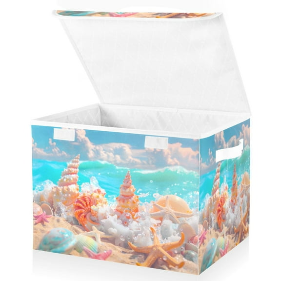 Ryvnso Starfish Conch on Beach Large Lidded Foldable Storage Baskets Cubes Boxes Lids Bin for Home