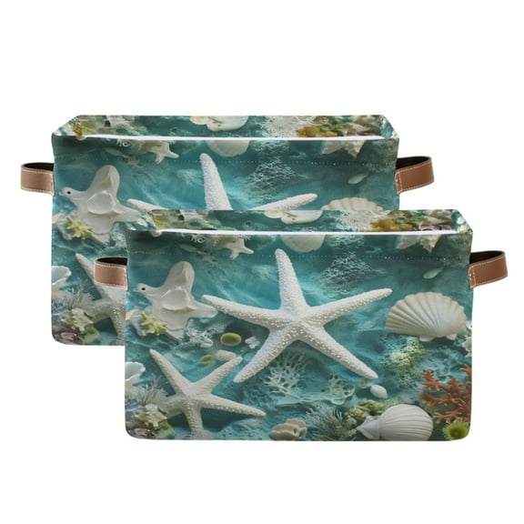 Ryvnso Starfish Coral Sea Storage Basket Large Bin Foldable Boxes Toys Organizer 14.2x10.2x8.3in 2 PCs
