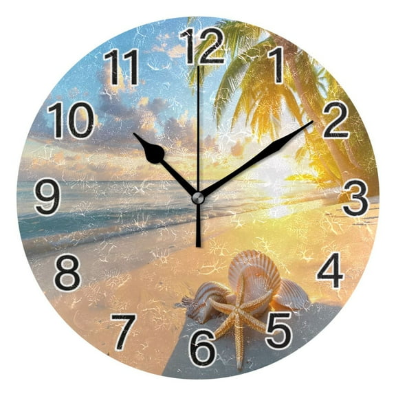 Ryvnso Starfish Seashells on Beach Sunset Wall Clock Non Ticking Silent Kitchen Clock Battery Operated Clocks 10 inch
