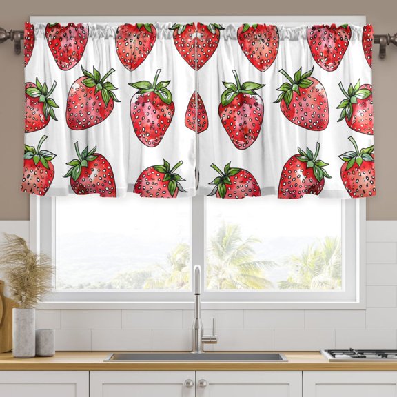 Ryvnso Strawberry Curtains Sets Short Curtain Rod Pocket Half Window Cafe Farmhouse Tier 2 Panels 57"W x 36"L