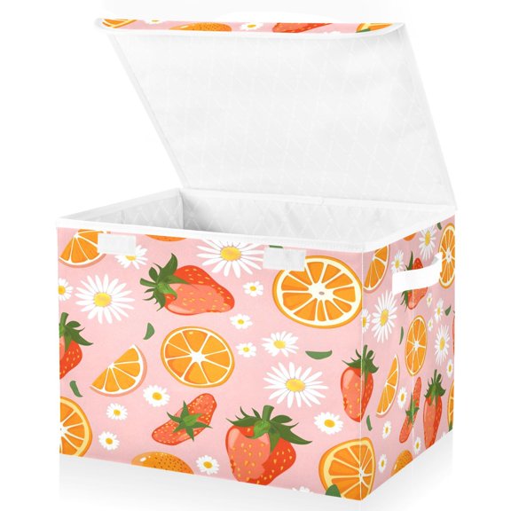 Ryvnso Strawberry Orange Daisy Flower Large Lidded Foldable Storage Baskets Cubes Boxes Lids Bin for Home
