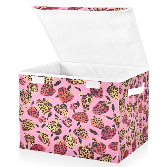 Ryvnso Strawberry Shape Leopard Large Lidded Foldable Storage Baskets Cubes Boxes Lids Bin for Home