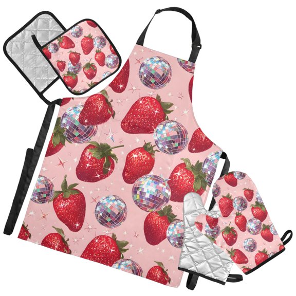 Ryvnso Strawberry Sparkling Disco Balls Kitchen Apron Oven Mitts Set Pot Holders