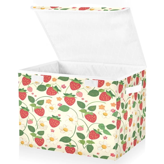 Ryvnso Strawberry and Daisy Flower Large Lidded Foldable Storage Baskets Cubes Boxes Lids Bin for Home