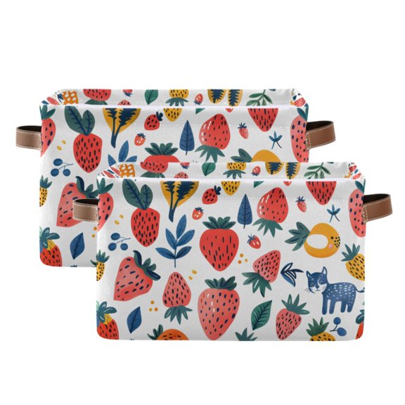 Ryvnso Strawberry and Leaf Storage Basket Large Bin Foldable Boxes Toys Organizer 14.2x10.2x8.3in 2 PCs