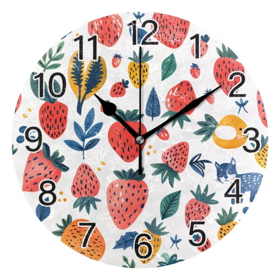 Ryvnso Strawberry and Leaf Wall Clock Non Ticking Silent Kitchen Clock Battery Operated Clocks 10 inch
