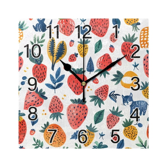 Ryvnso Strawberry and Leaf Wall Clock Square Silent Non-Ticking Battery Operated 7.78"