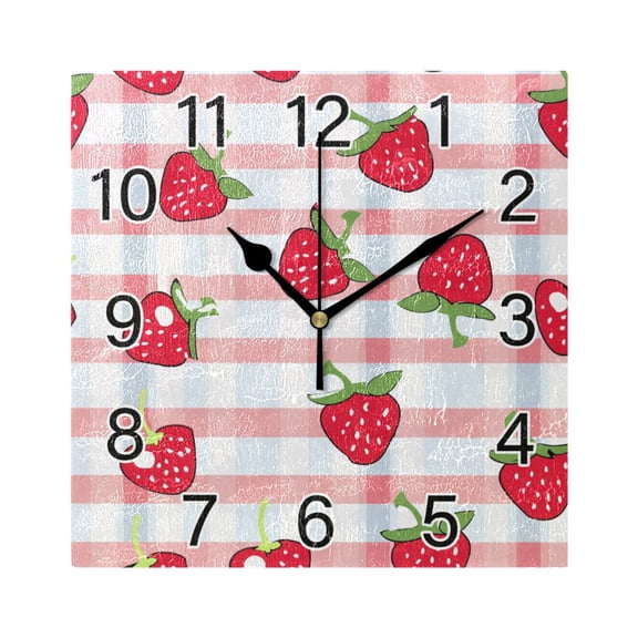 Ryvnso Strawberry on Checkered Wall Clock Square Silent Non-Ticking Battery Operated 7.78"