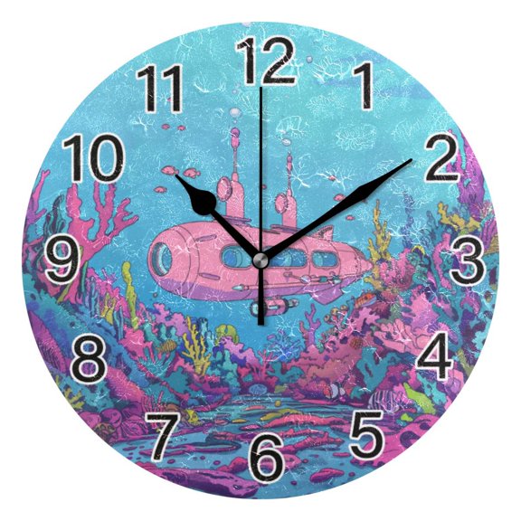 Ryvnso Submarines and Coral Wall Clock Non Ticking Silent Kitchen Clock Battery Operated Clocks 10 inch
