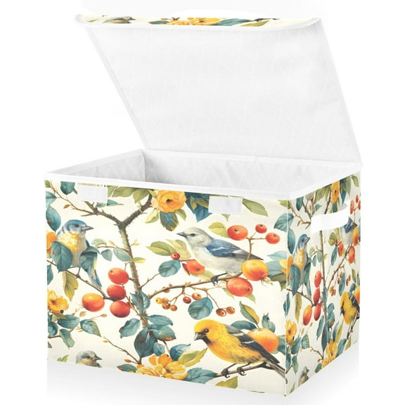 Ryvnso Summer Birds and Flower Large Lidded Foldable Storage Baskets Cubes Boxes Lids Bin for Home