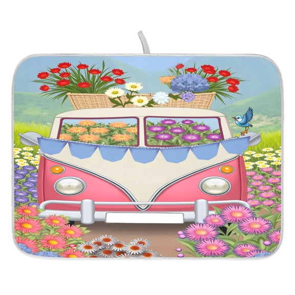 Ryvnso Summer Floral Field Bird Dish Drying Mat for Kitchen Countertop 16x18 Small Dish Pad Drainer Rack Dish Sink Mats