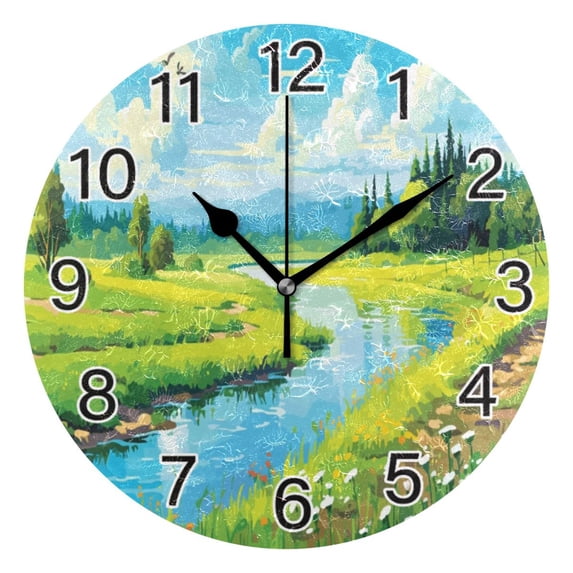 Ryvnso Summer Landscape Green Wall Clock Non Ticking Silent Kitchen Clock Battery Operated Clocks 10 inch