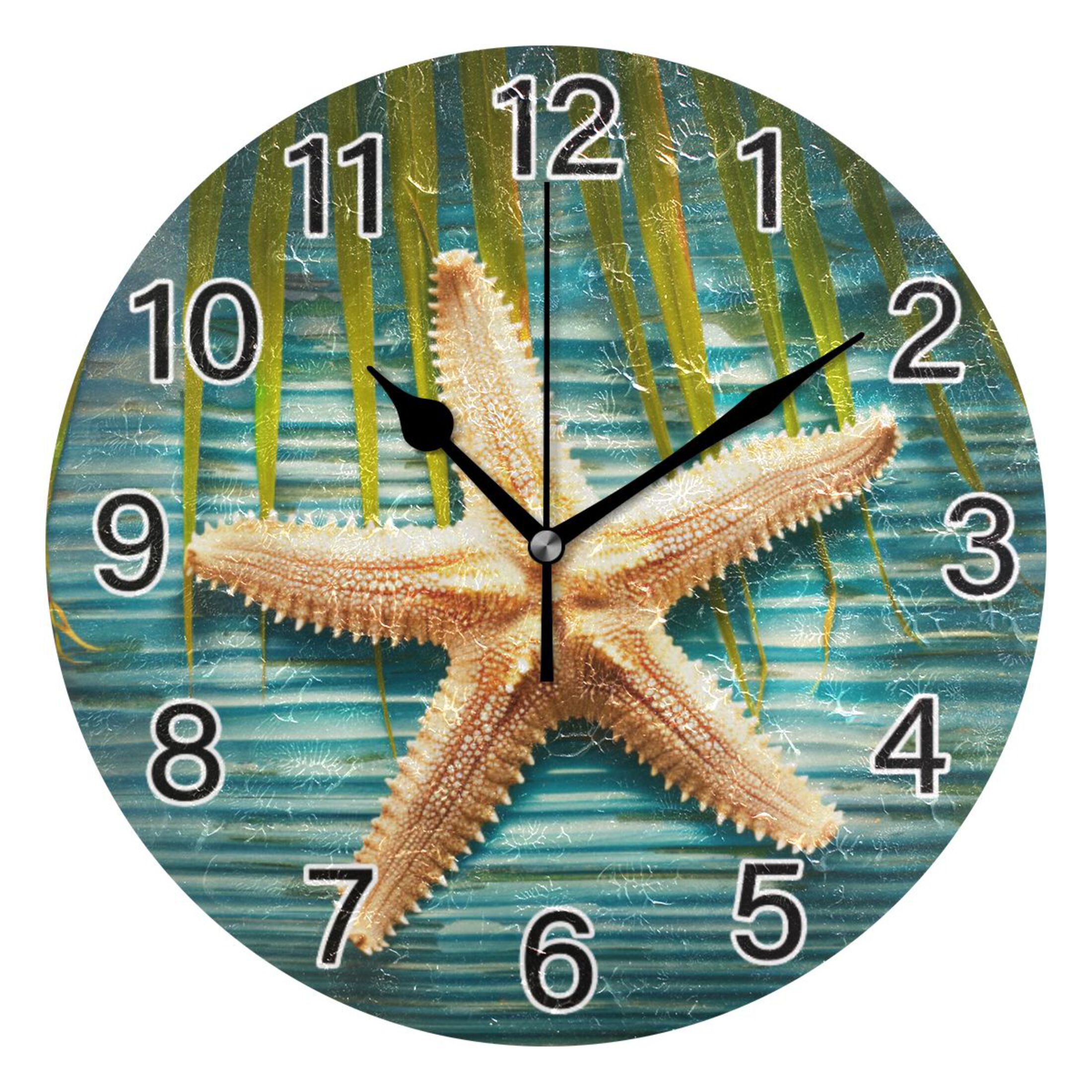 Ryvnso Summer Palm Leaf Sea Star Wall Clock Non Ticking Silent Kitchen ...