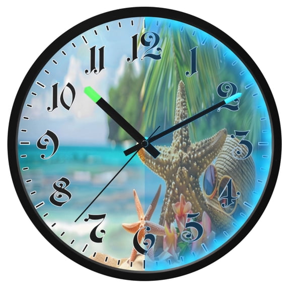 Ryvnso Summer Sea Star Beach 12 Inch Night Light Wall Clock Luminous Silent Battery Operate Clocks