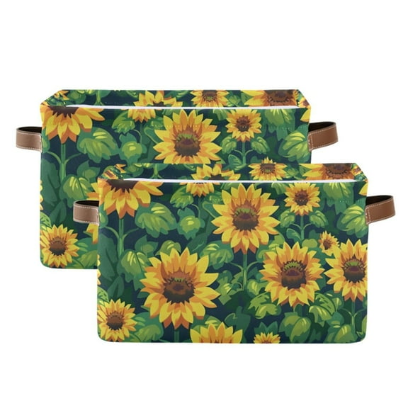 Ryvnso Summer Sunflower and Leaves Storage Basket Large Bin Foldable Boxes Toys Organizer 14.2x10.2x8.3in 2 PCs