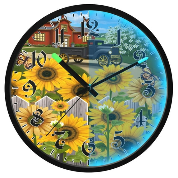 Ryvnso Summer Sunflowers Farm 12 Inch Night Light Wall Clock Luminous Silent Battery Operate Clocks
