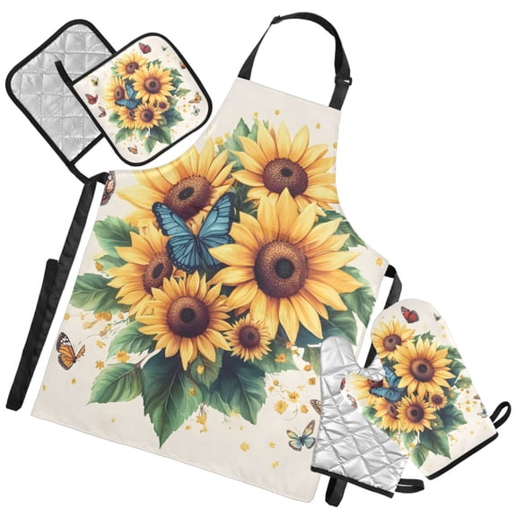 Ryvnso Sunflower Butterfly-i1 Kitchen Apron Oven Mitts Set Pot Holders
