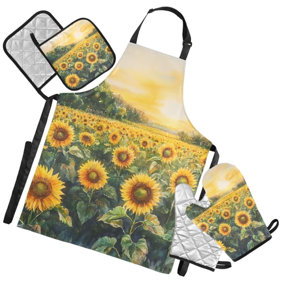 Ryvnso Sunflower Field Kitchen Apron Oven Mitts Set Pot Holders