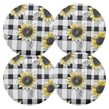 Ryvnso Sunflowers on Checkered Grid Round Plate Mats Dining Table Placemat Set of 4 for Holiday Decoration