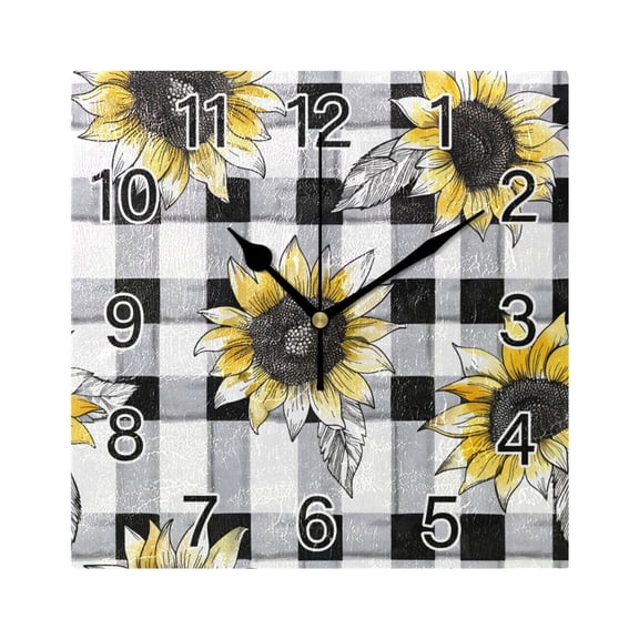 Ryvnso Sunflowers on Checkered Grid Wall Clock Square Silent Non-Ticking Battery Operated 7.78"
