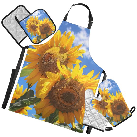 Ryvnso Sunflowers with Blue Sky Kitchen Apron Oven Mitts Set Pot Holders