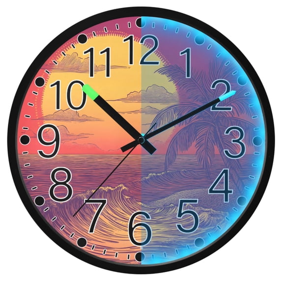 Ryvnso Sunset Beach 12 Inch Night Light Wall Clock Silent Battery Operated Luminous Clocks